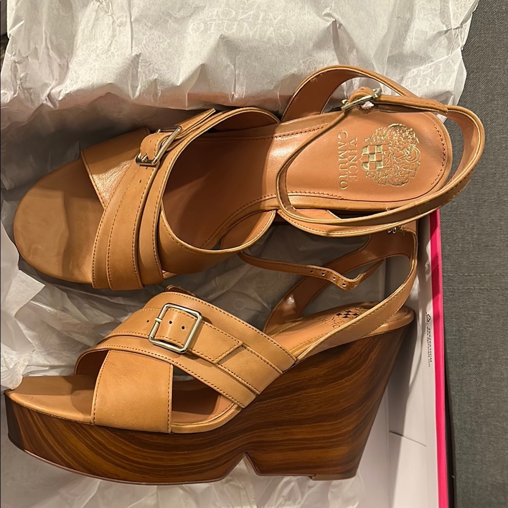 Vince Camuto Tan Leather Wedge Sandals